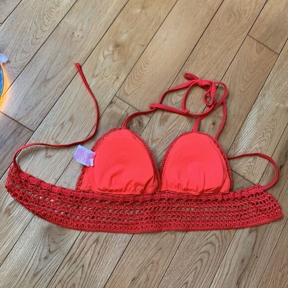 Xhilaration Halter sz MED Crochet Triangle Bikini Top Orange - Picture 6 of 7